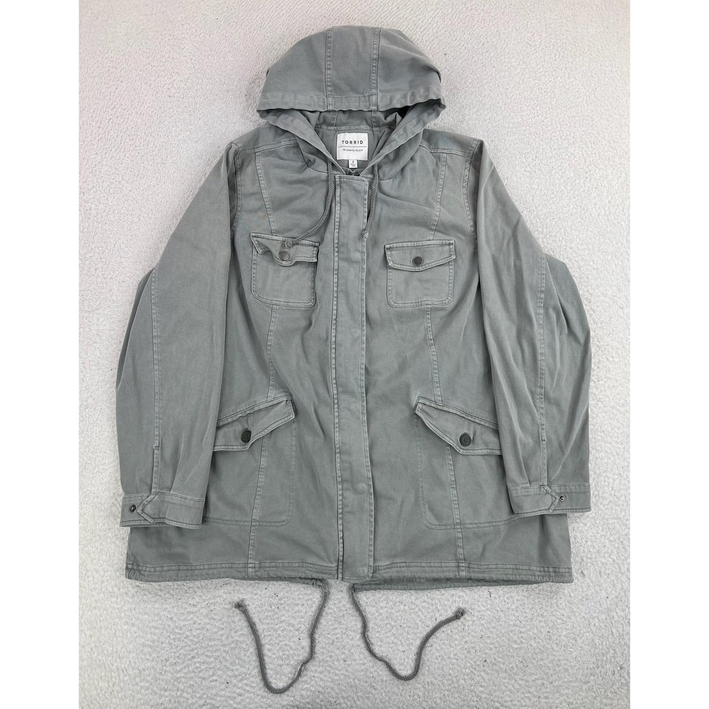 Torrid Jacket Womens 2 Gray Cotton Twill Hooded Anorak Utility Full Zip Pockets